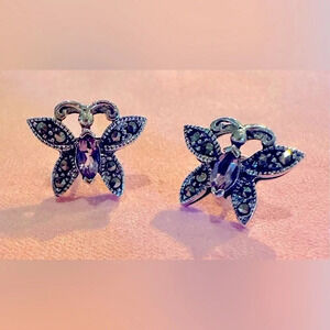 Vintage solid Sterling silver marcasite and amethyst butterfly earrings